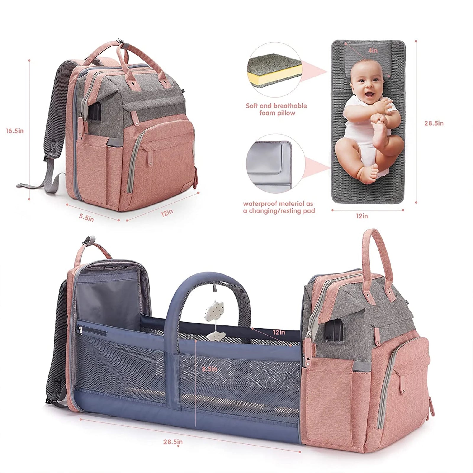 Baby Diaper Bag Backpack,With Waterproof Changing Pad, USB Charging Port, Pacifier Case,Dark Grey Color