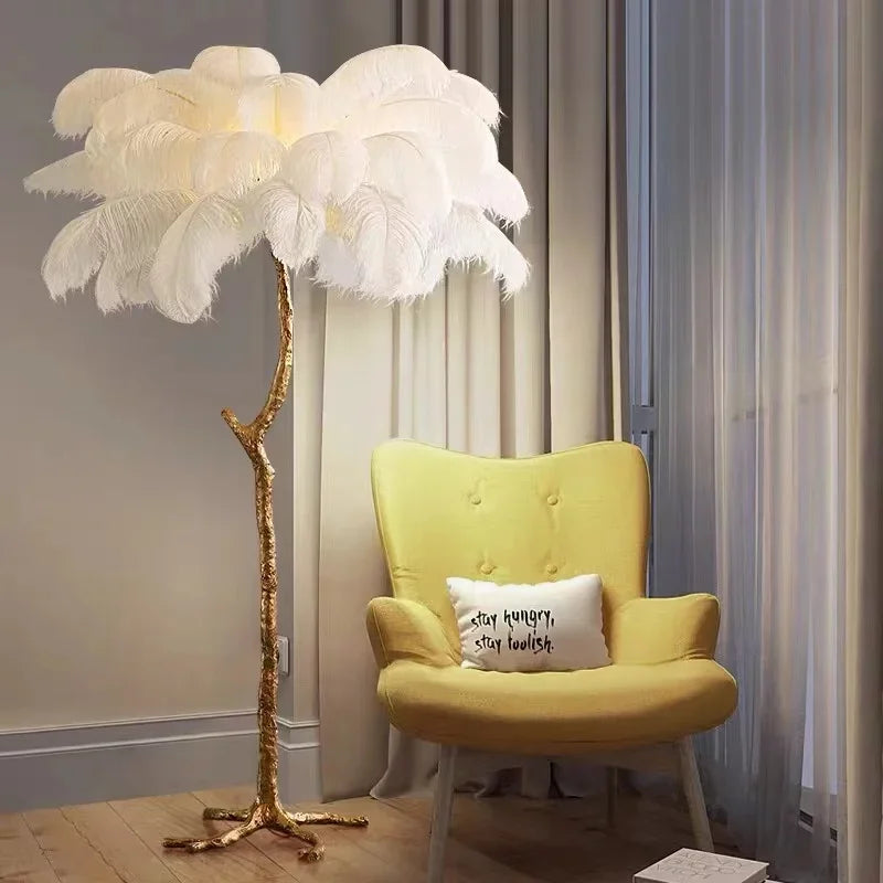 Modern Led Floor Nordic Ostrich Feather Lamp Gold Resin Luxury Reading Lamp Living Room Decoration Led Standing Lamp