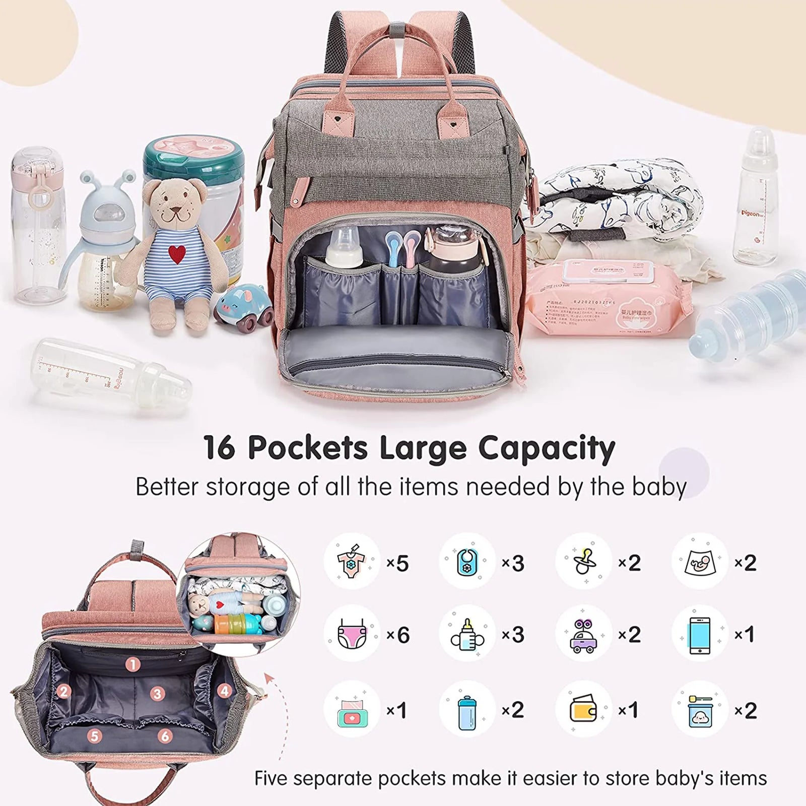 Baby Diaper Bag Backpack,With Waterproof Changing Pad, USB Charging Port, Pacifier Case,Dark Grey Color