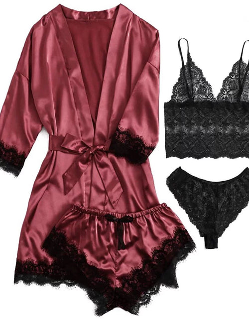 Load image into Gallery viewer, Sexy Lingerie,  Silk Satin Pajamas for Women, Womens Summer Pajamas Pjs Sets of 4 Pcs with Floral Lace Top Shorts and Robe, Gift for Women, Black, L
