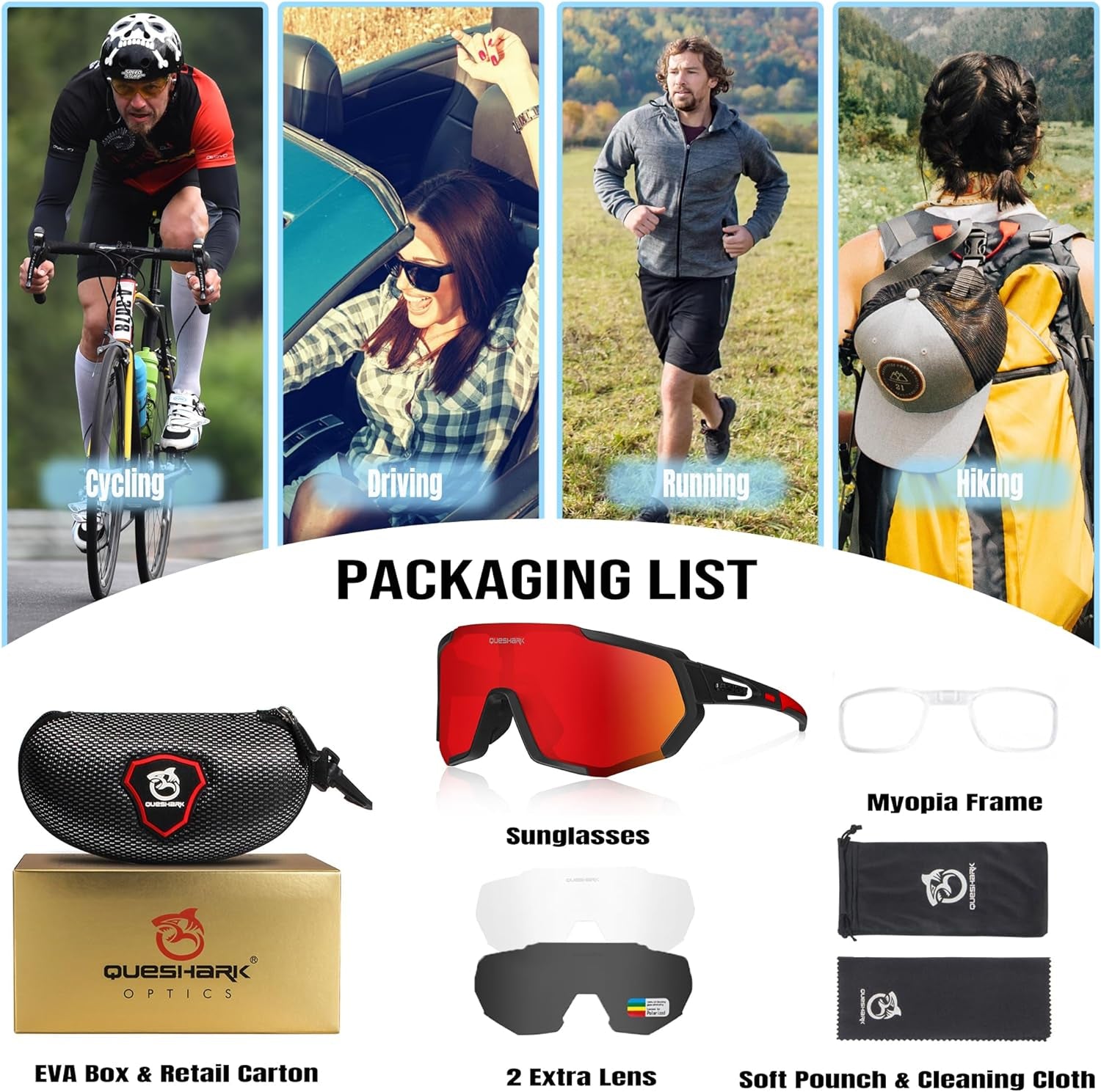 Cycling Glasses Polarized Sports Sunglasses for Men Women with 3 Lens Running Driving Fishing Baseball