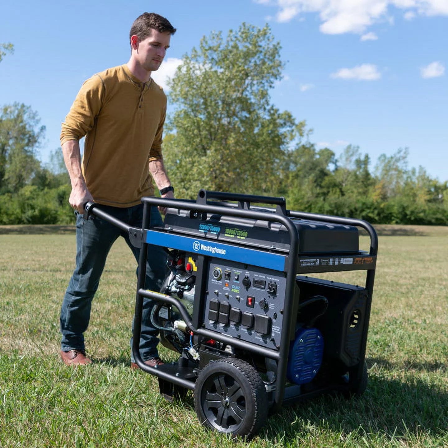 15,000 Peak Watt Dual Fuel Portable Generator, Gas or Propane, Home Backup, CO Sensor