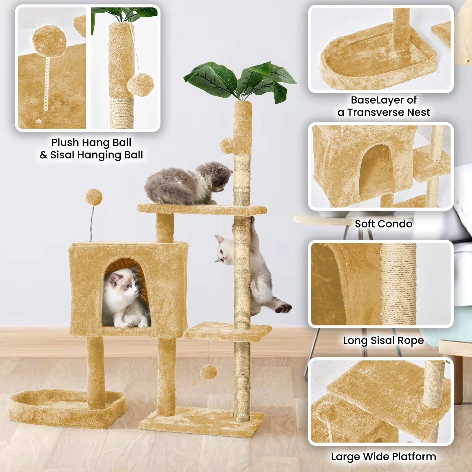 Cat Tree,52In Cat Tower for Indoor Cats, Cat Tree with Scratching Posts Plush Perch Stand, Cat Condo with Funny Toys Kittens Pet Play House,Grey