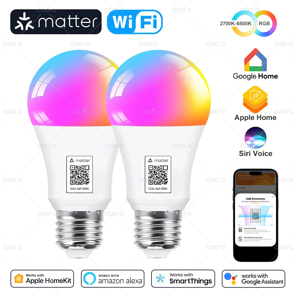 Matter Smart Light Bulb RGB E27 Wifi Led Bulb Smart Home Works with Alexa Google Home Apple Home Homekit Smartthings Siri