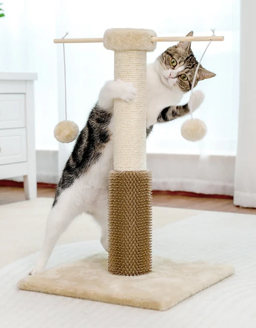 Load image into Gallery viewer, Small Cat Scratching Post with Grooming Brush and Fluffy Detachable Ball 2 Colors Cat Natural Sisal Pole Toy for Kitten Climbing
