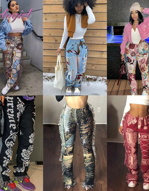 Load image into Gallery viewer, Women Cargo Pants Casual Tassel Patchwork Striped Print Jogger Pants Summer Leggings High Waist Sweatpants Streetwear Trousers
