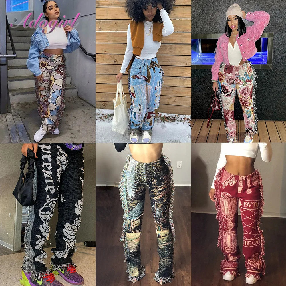 Women Cargo Pants Casual Tassel Patchwork Striped Print Jogger Pants Summer Leggings High Waist Sweatpants Streetwear Trousers