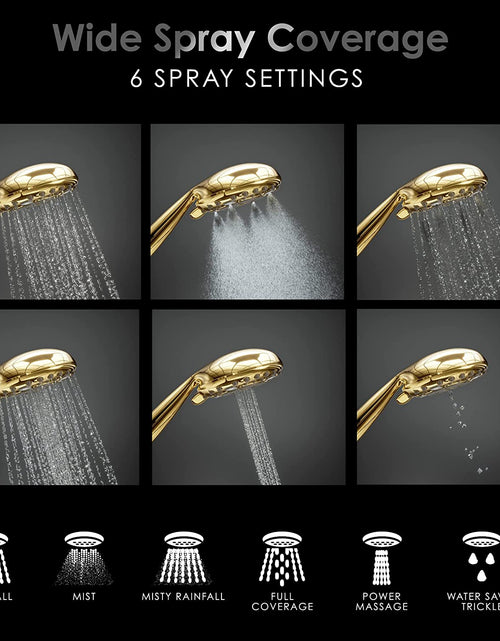 Load image into Gallery viewer, Aquarius Mist Handheld Gold Shower Head with Hose (Extra Long) Spa Grade High Pressure Hand Held Showerhead Wand with 6 Spray Settings – Adjustable Mount Holder &amp; Teflon Tape - Polished Brass
