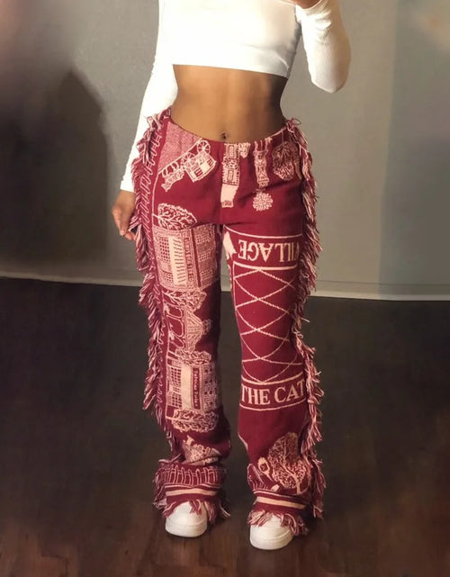 Load image into Gallery viewer, Women Cargo Pants Casual Tassel Patchwork Striped Print Jogger Pants Summer Leggings High Waist Sweatpants Streetwear Trousers
