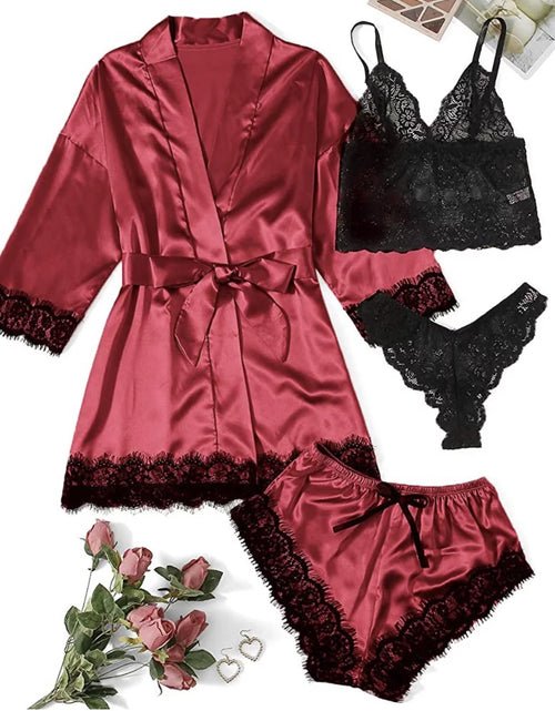 Load image into Gallery viewer, Sexy Lingerie,  Silk Satin Pajamas for Women, Womens Summer Pajamas Pjs Sets of 4 Pcs with Floral Lace Top Shorts and Robe, Gift for Women, Black, L
