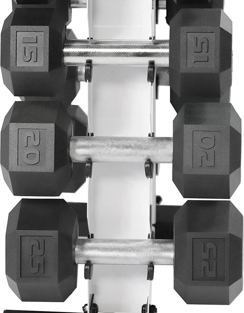 Load image into Gallery viewer, 5-25Lb Rubber Coated Hex Dumbbell Set with a Frame Storage Rack Non-Slip Hex Shape for Muscle Toning, Strength Building &amp; Weight Loss - Multiple Choices Available
