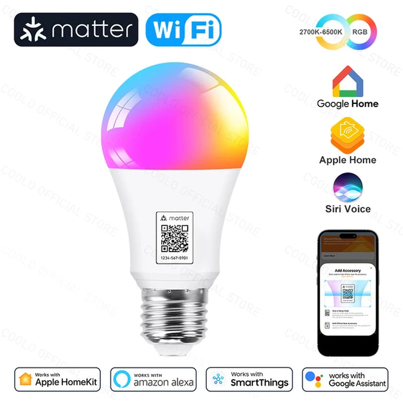 Matter Smart Light Bulb RGB E27 Wifi Led Bulb Smart Home Works with Alexa Google Home Apple Home Homekit Smartthings Siri